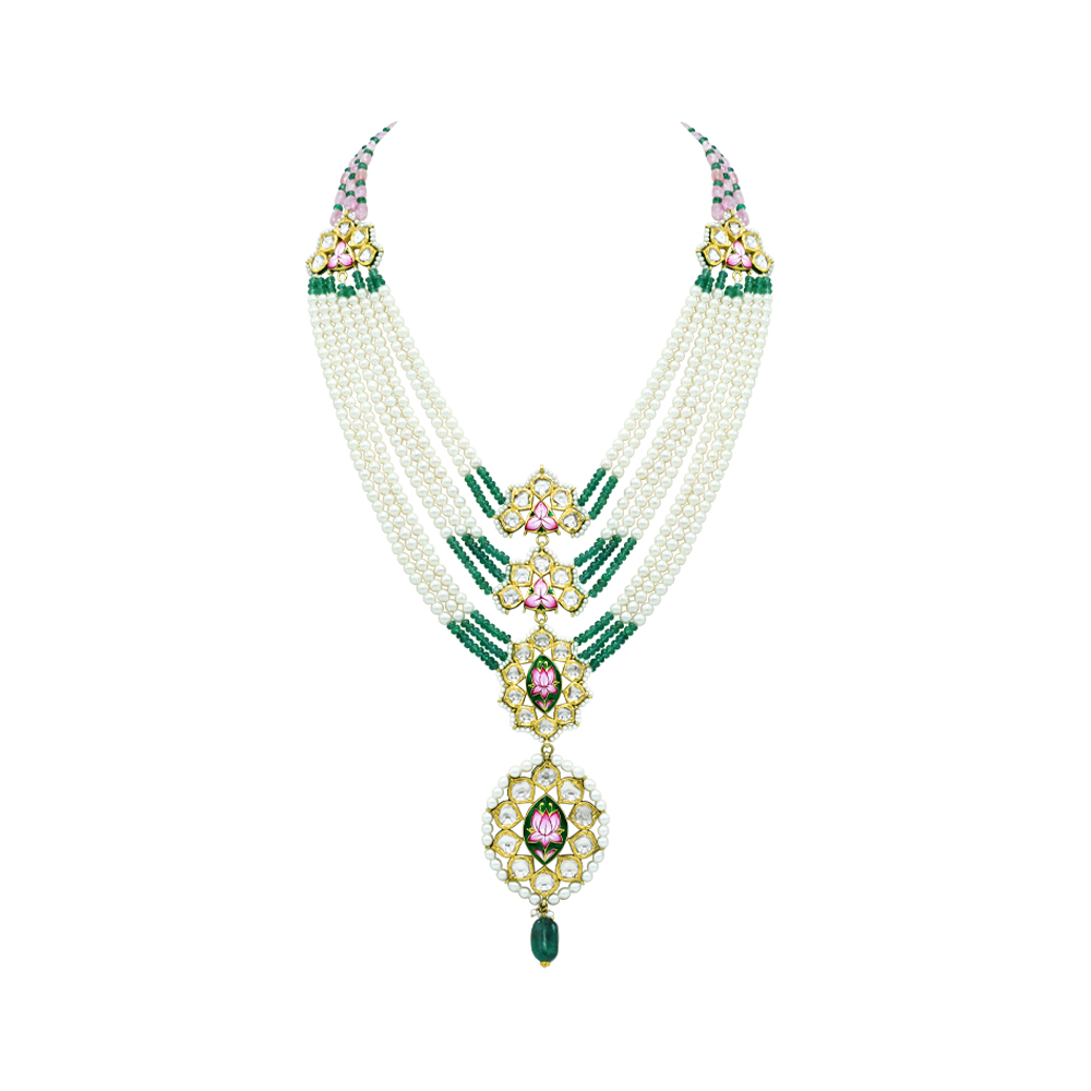 Pearl Necklace with Emerald, Tourmaline, and Polki Pendant